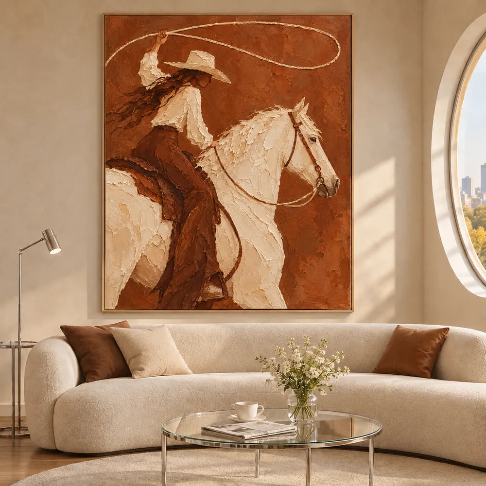 Brown and Ivory Hand-Painted Oil Painting, Cowgirl with Lasso on White Horse #2F4THA0A