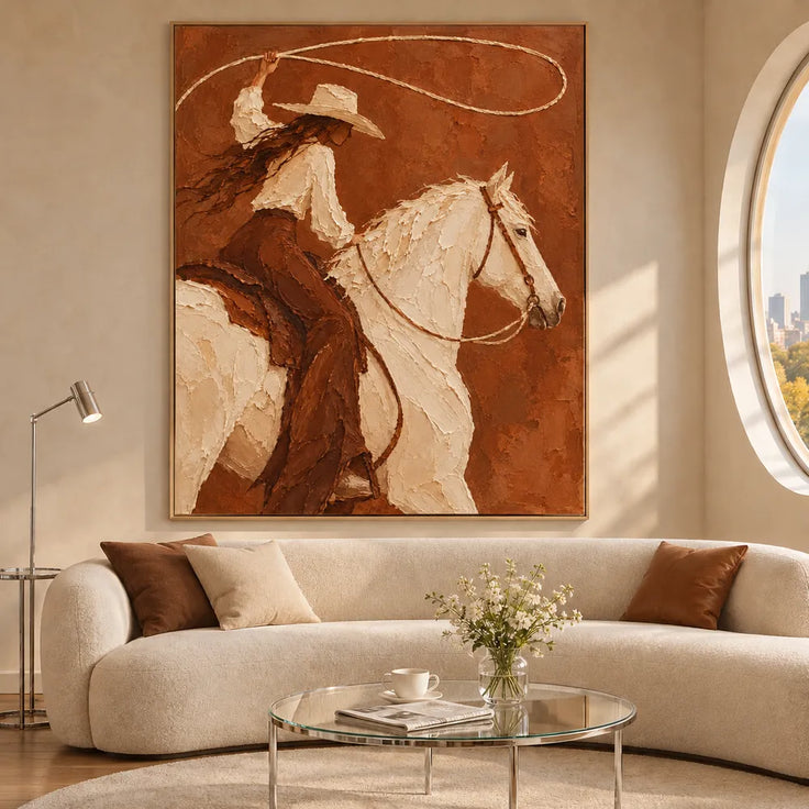 Brown and Ivory Hand-Painted Oil Painting, Cowgirl with Lasso on White Horse #2F4THA0A