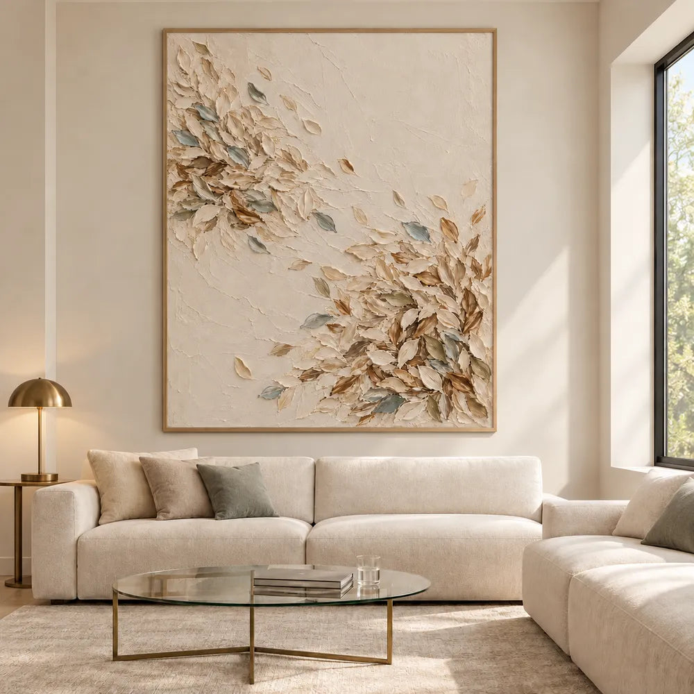 Cream Hand-Painted Oil Painting, Sweeping Leaves with Muted Blue Accents #03M1QDNU