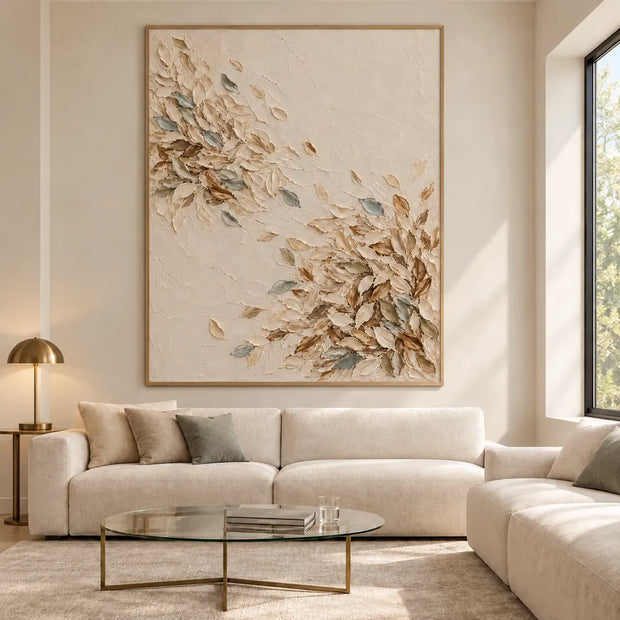 Cream Hand-Painted Oil Painting, Sweeping Leaves with Muted Blue Accents #03M1QDNU
