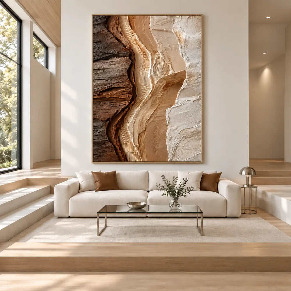 Brown Cream Hand-Painted 3D Textured Oil Painting, Vertical Strata Wall Art #WUOPLO0U