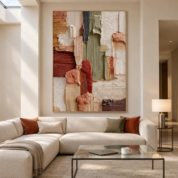 Earth-Tone Hand-Painted 3D Textured Oil Painting, Terracotta & Olive Color-Block Abstract Wall Art #I1ML7OIB