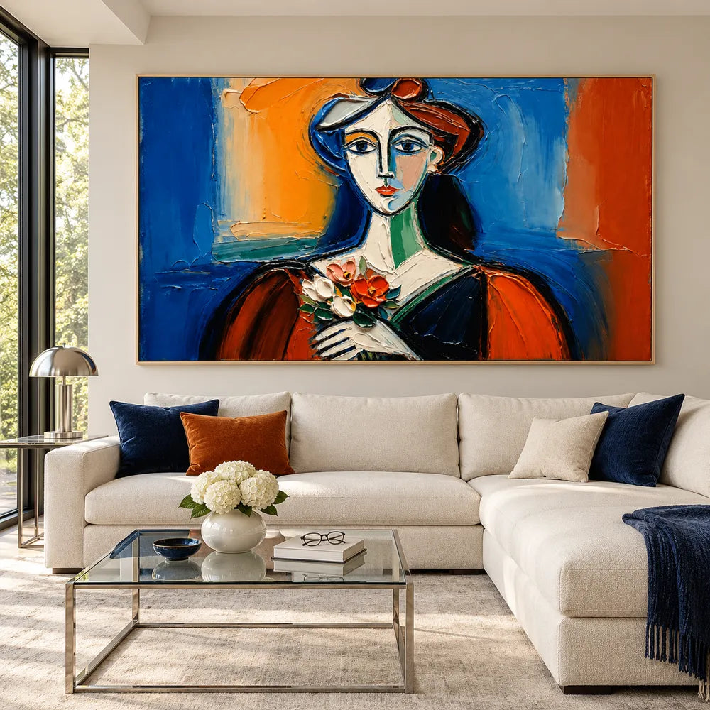 Blue and Orange Hand-Painted Oil Painting, Geometric Woman Holding Flowers #RWCVBPGR