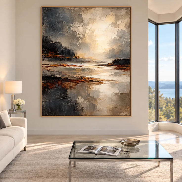 Charcoal and Cream Hand-Painted Oil Painting, Abstract Luminous Shore #AMXNLXWV