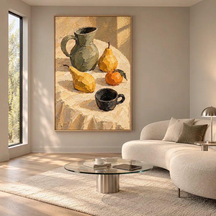 Yellow Hand-Painted Oil Painting, Pears and a Green Pitcher in Sunlight #D50B9HBJ