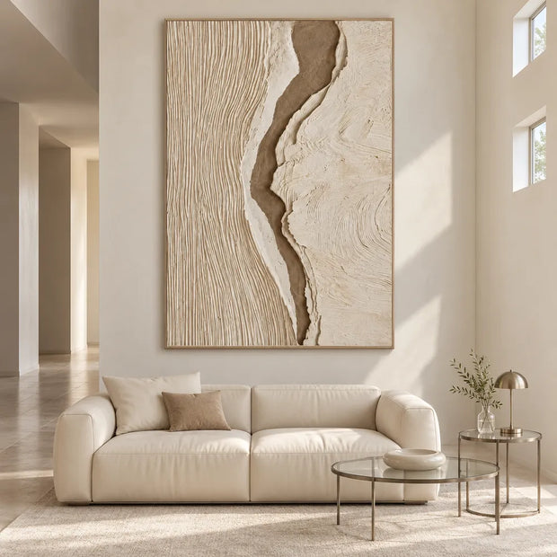 Cream Taupe Hand-Painted 3D Textured Oil Painting, Central Ravine Wall Art #8OE57EYP