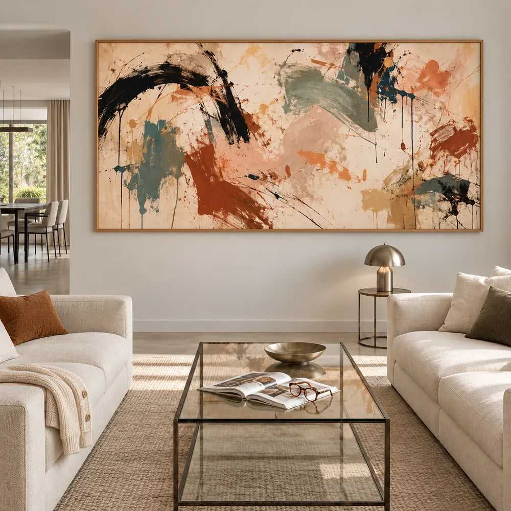 Beige Hand-Painted Oil Painting, Black Arcs and Sage Abstract #HRPVAO7I