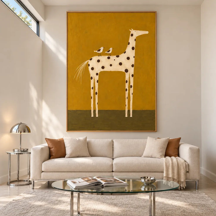 Mustard Yellow Hand-Painted Oil Painting, Spotted Horse with Two Birds #8COVKX2O