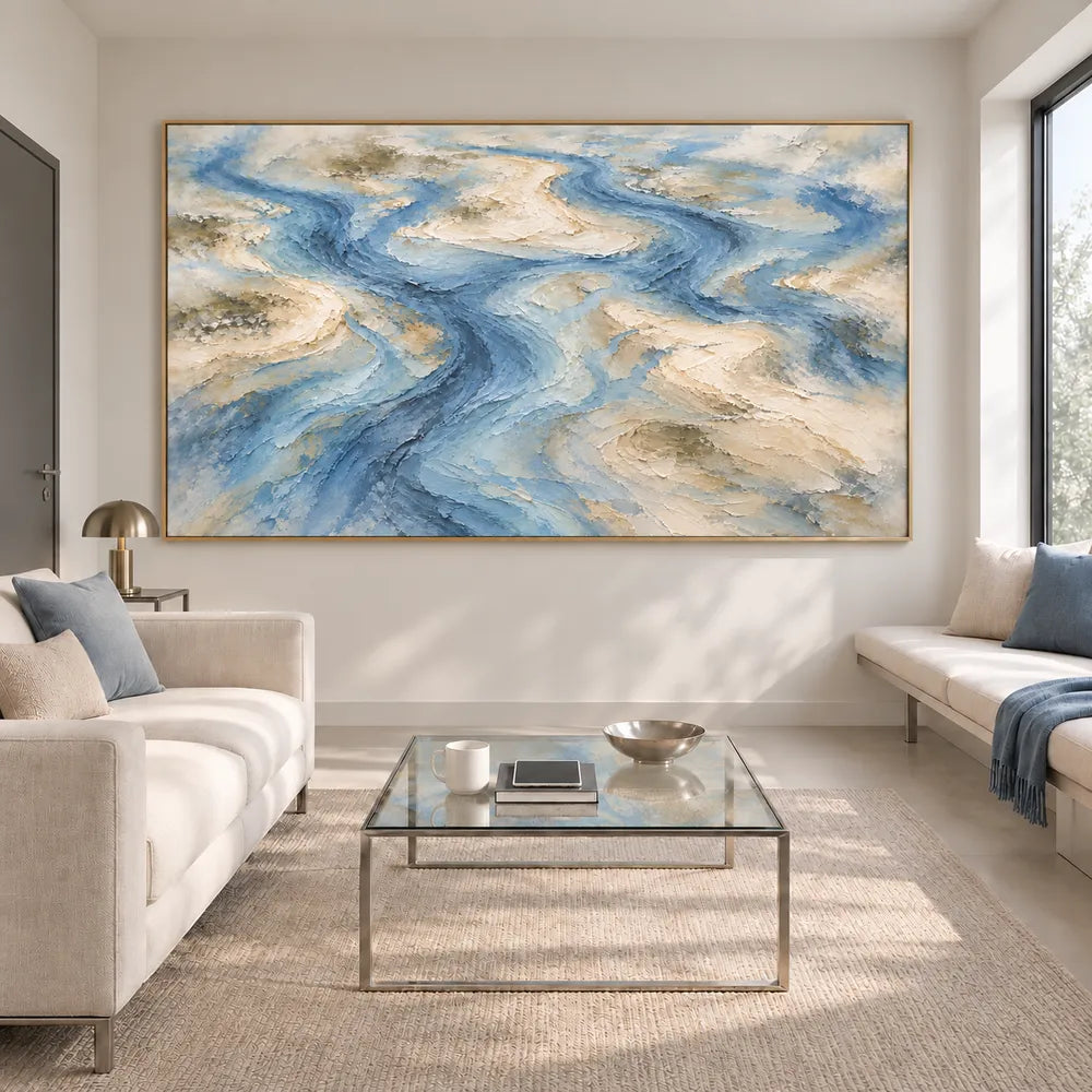 Blue Hand-Painted Oil Painting, Winding Channels and Pale Banks #B0XLQNVH