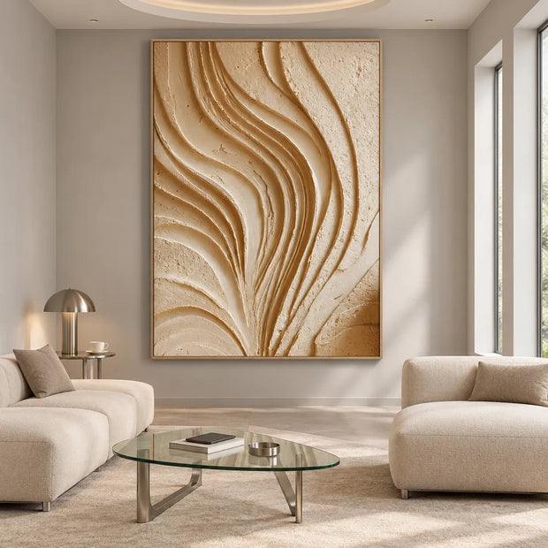 Cream Hand-Painted 3D Textured Oil Painting, Flowing Ribbon Abstract #3SILN1UH