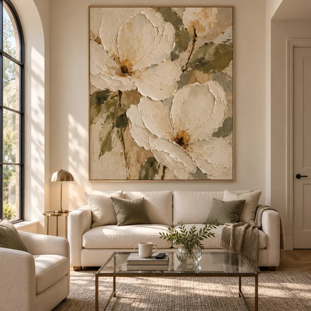 Cream Hand-Painted Oil Painting, Oversized Floral Blooms and Olive Leaves #NT8H5PRP