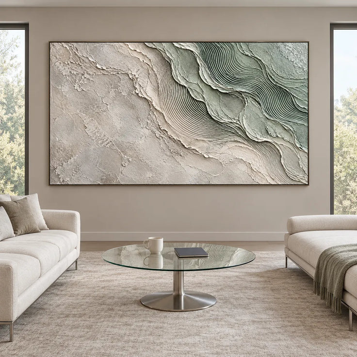 Sage and White Hand-Painted Oil Painting, Flowing Fine-Line Contours #HX2DO6GI