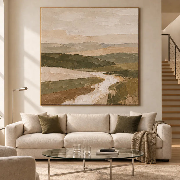 Earth-Tone Hand-Painted Oil Painting, Winding Path Through Layered Hills #6Y6LMHCQ