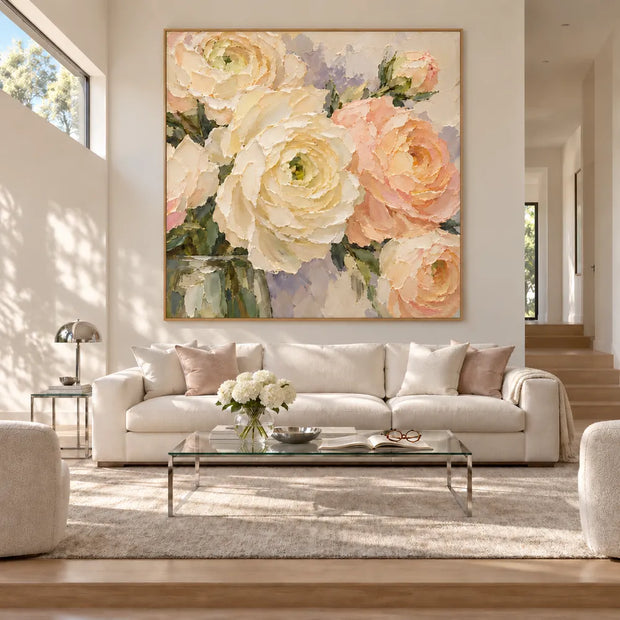 Cream Hand-Painted Oil Painting, Close-Up Peach and Ivory Flowers #22T3QUTE