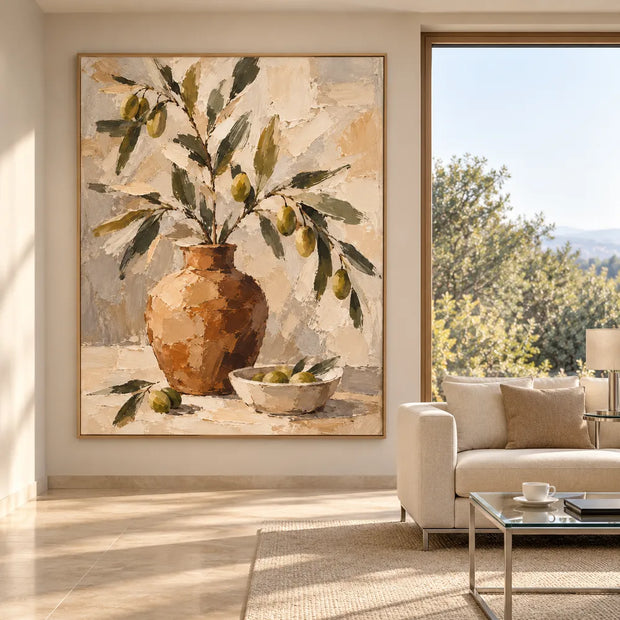 Earth-Tone Hand-Painted Oil Painting, Fruiting Branches in an Ochre Vase #U8CNUSTV