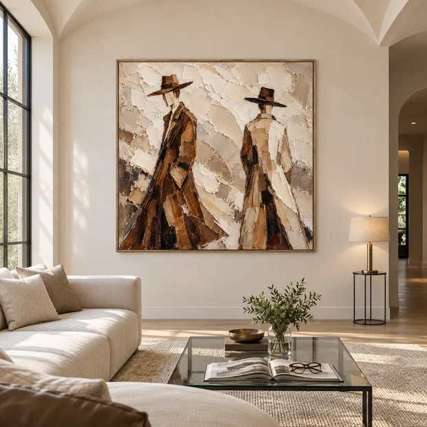 Earth-Tone Hand-Painted Oil Painting, Two Figures in Wide-Brim Hats #AROVDTOR