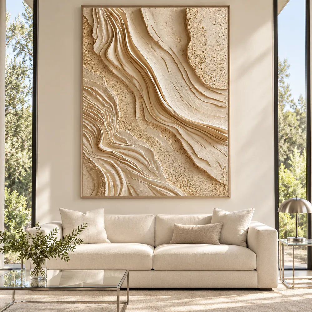 Beige Hand-Painted 3D Textured Oil Painting, Layered Contours Wall Art #CVIFU9CW