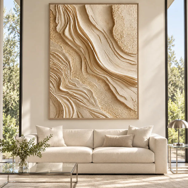 Beige Hand-Painted 3D Textured Oil Painting, Layered Contours Wall Art #CVIFU9CW