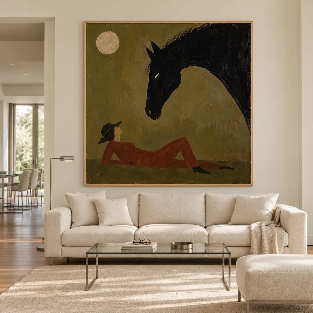 Olive Brown Hand-Painted Oil Painting, Black Horse and Reclining Figure #9MFNIU84