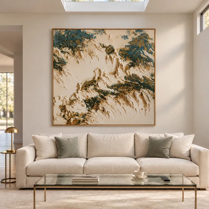 Cream and Deep Green Hand-Painted Oil Painting, Organic Abstract Forms #R1E3GSYK