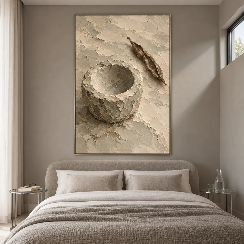 Beige Hand-Painted Still Life Painting, Bowl and Dried Leaves #EQ8DQ8IX