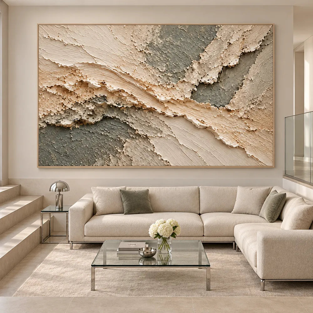 Cream and Sage Gray Hand-Painted 3D Textured Oil Painting, Diagonal Relief Bands #6ICH5UVP