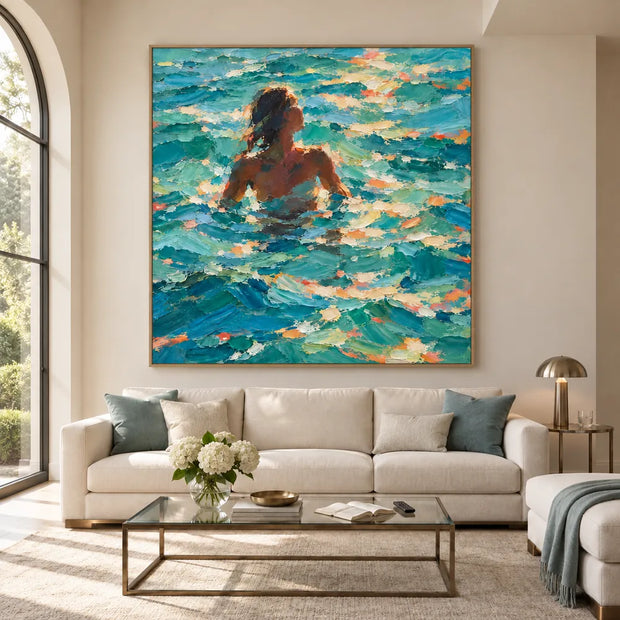 Blue Hand-Painted Oil Painting, Woman Among Sunlit Waves #ZO0LS4XT