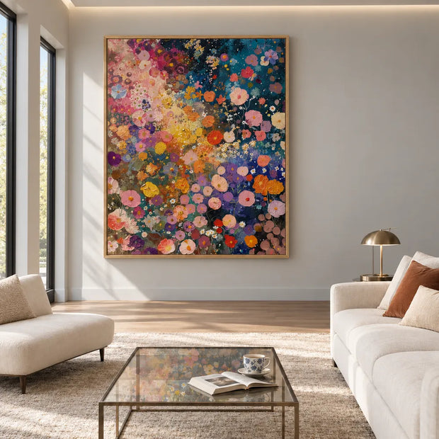 Deep Blue and Pink Hand-Painted Oil Painting, Colorful Flower Meadow #PG0DH31L