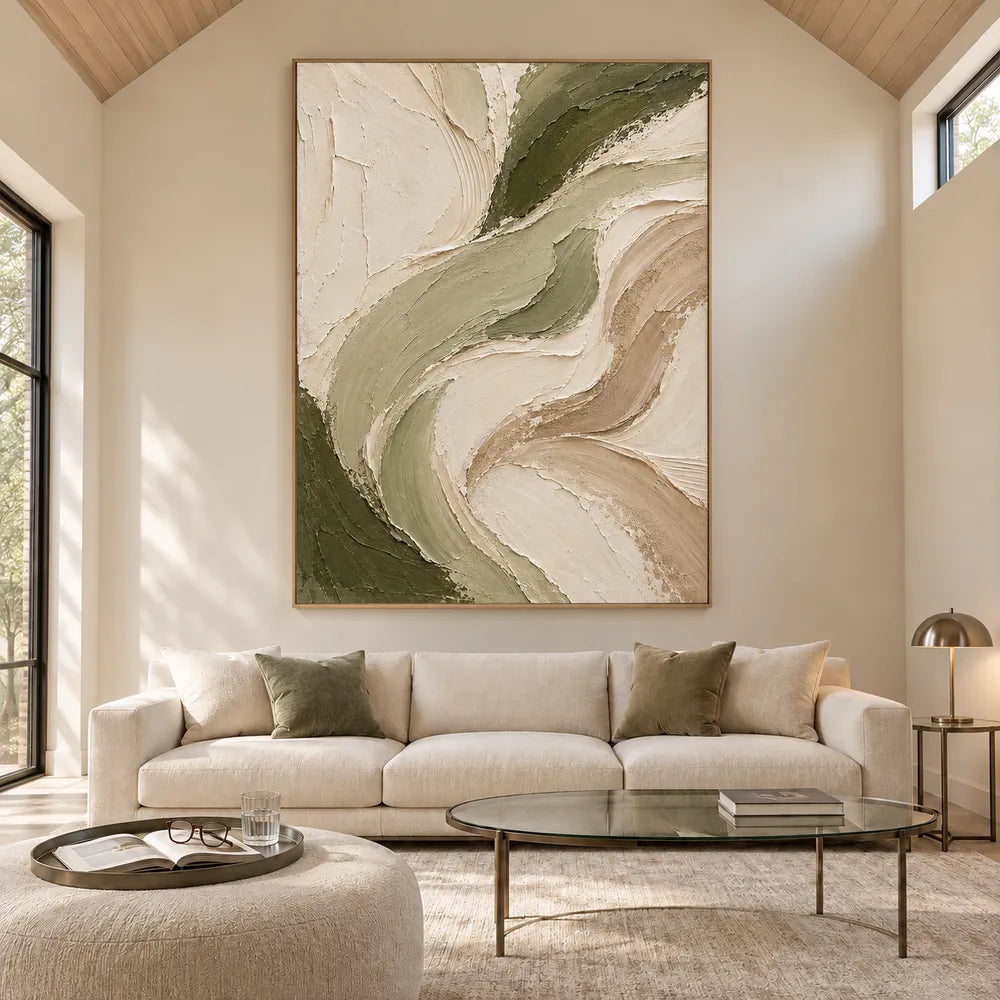 Cream and Sage Hand-Painted Oil Painting, Flowing Abstract Ribbons #4Y2HPFDD