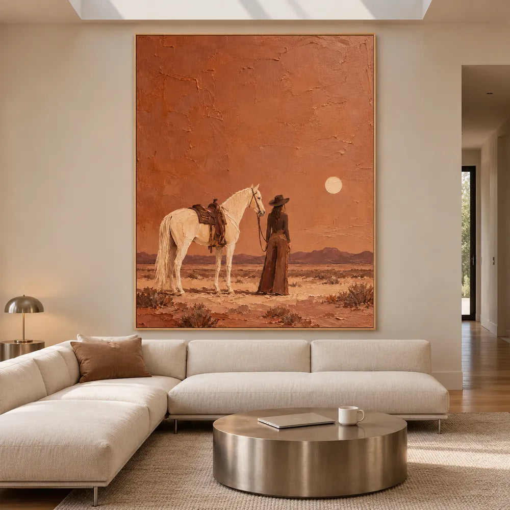Rust Orange Hand-Painted Oil Painting, Cowgirl and White Horse in the Desert #209BR44A