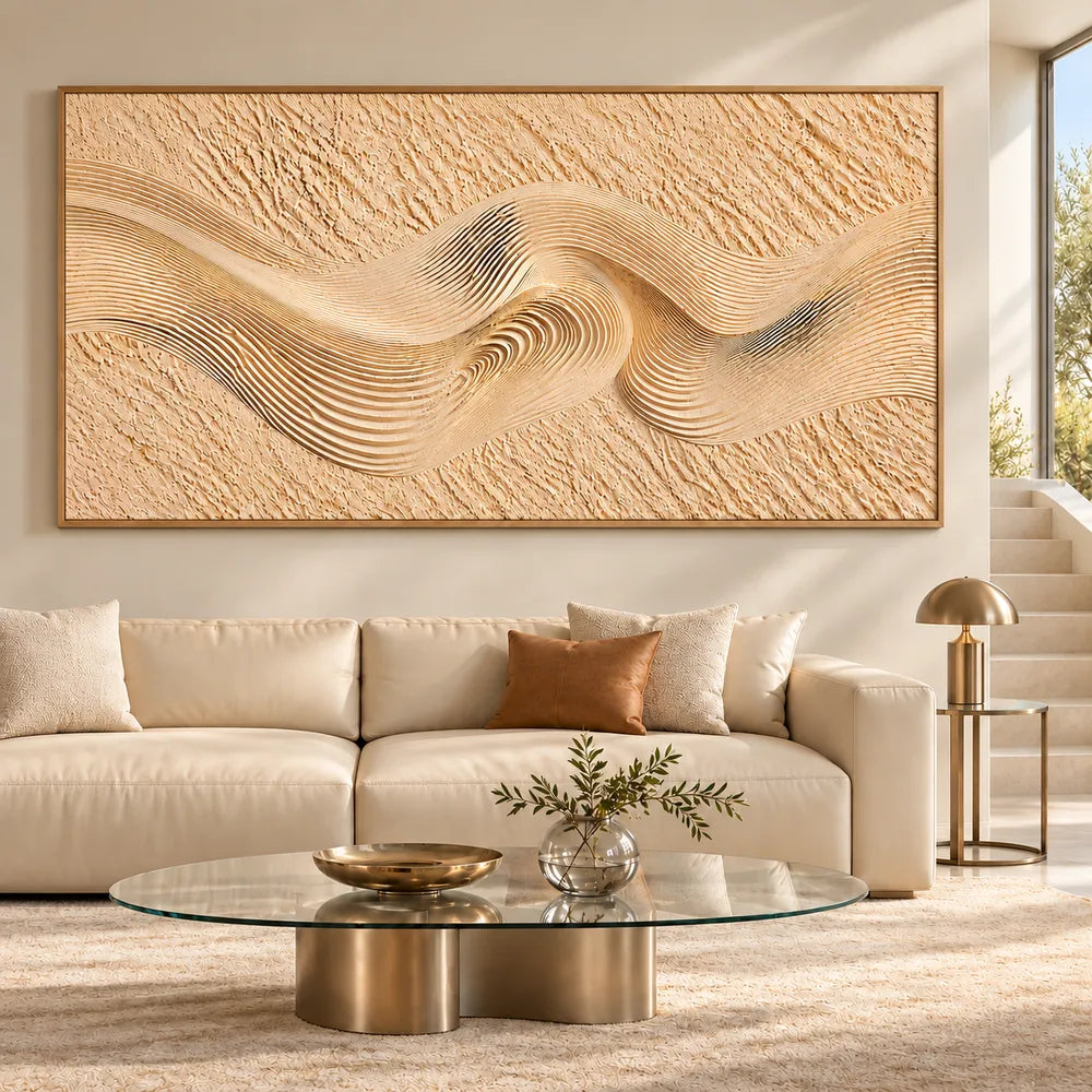 Sand Cream Hand-Painted 3D Textured Oil Painting, Ribbon Wave Wall Art #UOHF8DXB