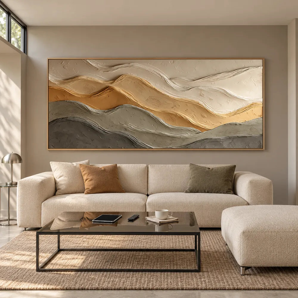 Sand & Taupe Hand-Painted 3D Textured Oil Painting, Layered Wave Abstract Wall Art #J66DZD8R