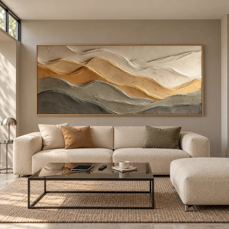 Sand & Taupe Hand-Painted 3D Textured Oil Painting, Layered Wave Abstract Wall Art #J66DZD8R