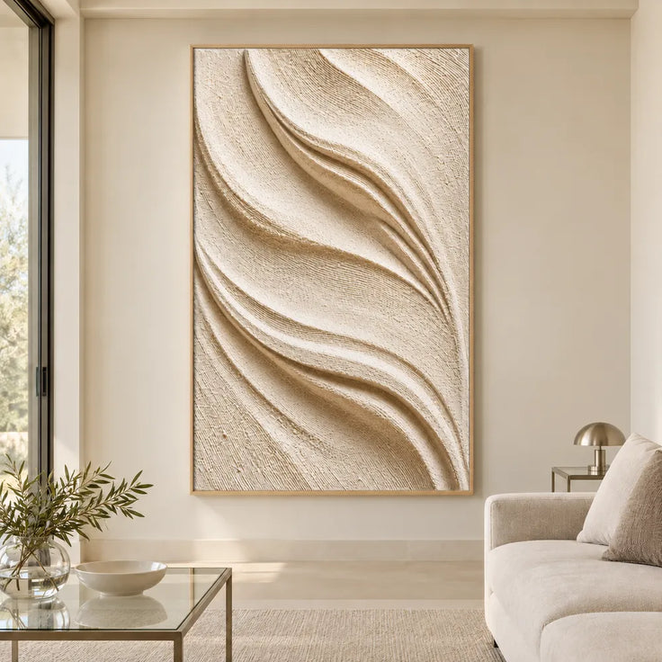 Ivory Hand-Painted 3D Textured Oil Painting, Sweeping Folds Wall Art #VZQ7TCW3