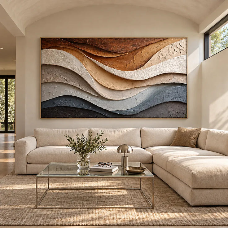 Earth-Tone Hand-Painted 3D Textured Oil Painting, Flowing Cream and Blue-Gray Strata #JP1L0E1K