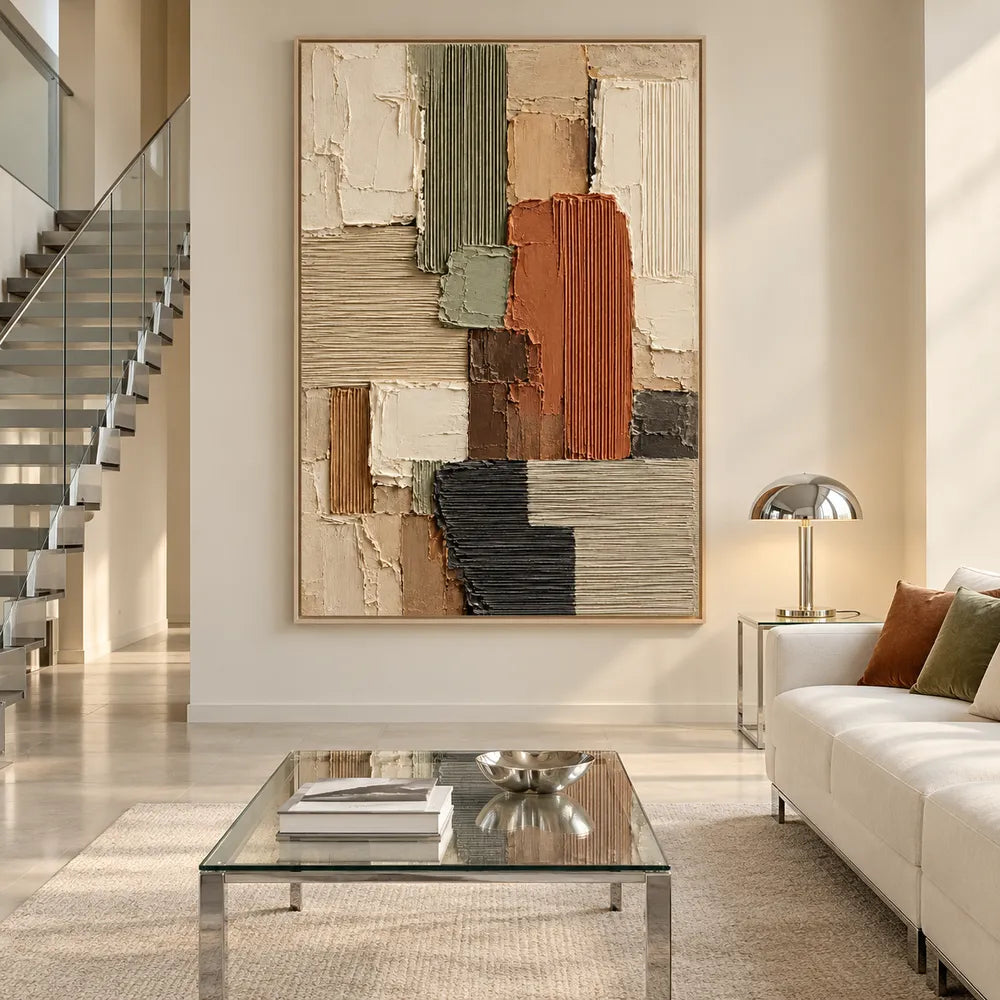Earth Tone Hand-Painted 3D Textured Oil Painting, Ribbed Geometric Blocks #TDILGEWQ