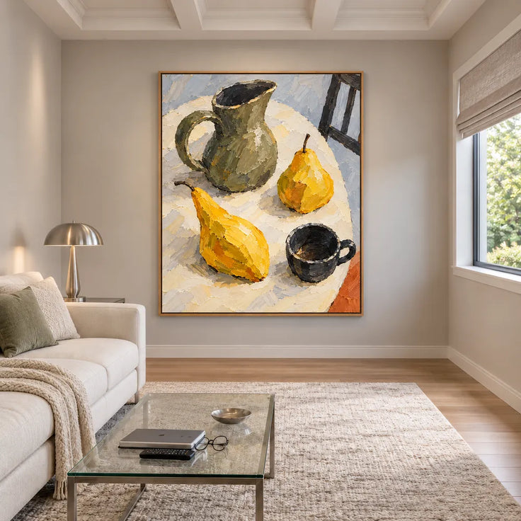 Yellow Hand-Painted Oil Painting, Two Pears with a Green Pitcher #O1ILENI2