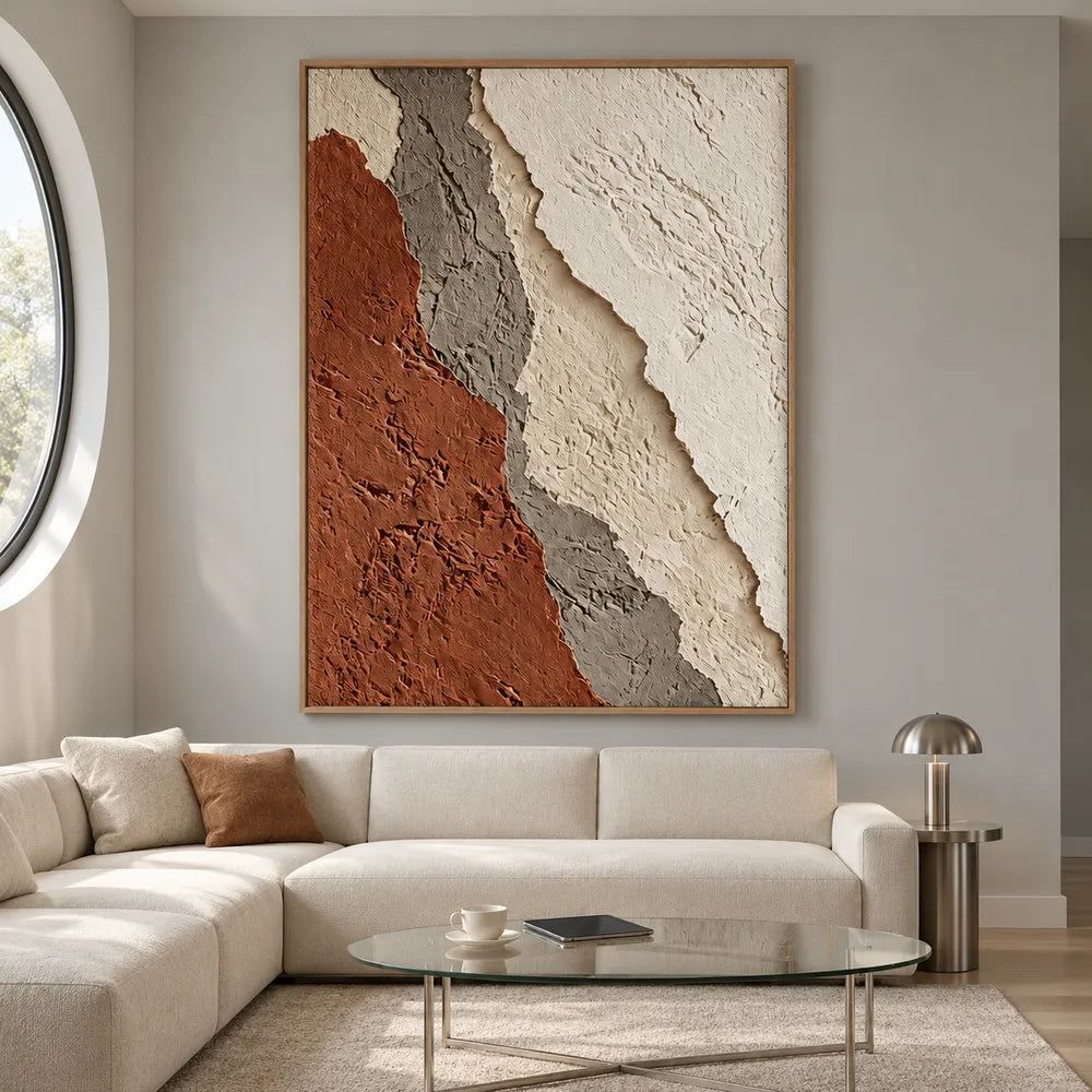 Ivory and Rust Hand-Painted 3D Textured Oil Painting, Diagonal Layered Abstract #6XM3ALEN