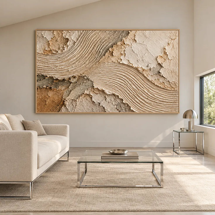 Cream and Taupe Hand-Painted 3D Textured Oil Painting, Flowing Ribbed Arcs #7BXB8EQJ