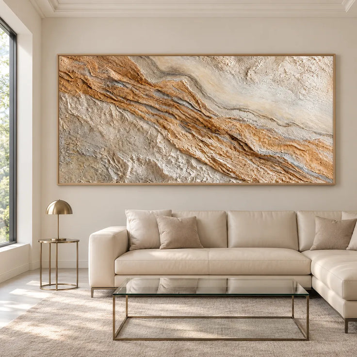 Cream Ochre Hand-Painted 3D Textured Oil Painting, Diagonal Ridge Wall Art #C36FRQTN