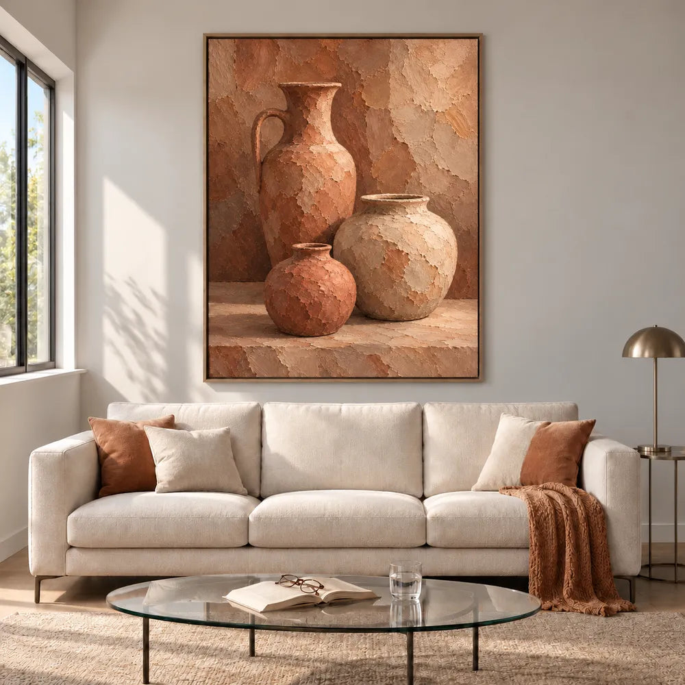 Terracotta Hand-Painted Oil Painting, Three Vessels on a Warm Ledge #ON3VRP1O