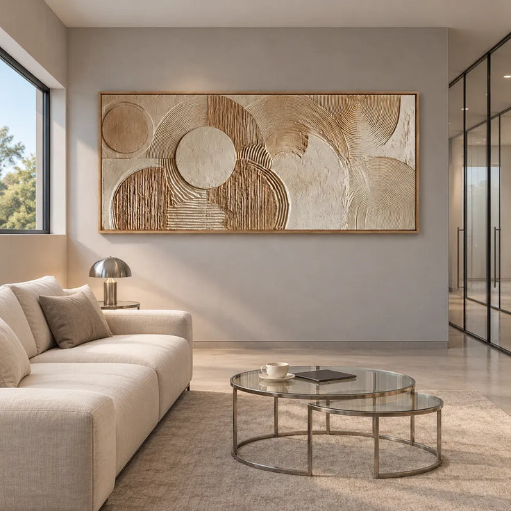 Beige Hand-Painted 3D Textured Oil Painting, Overlapping Circle Abstract #KM0VJQUO