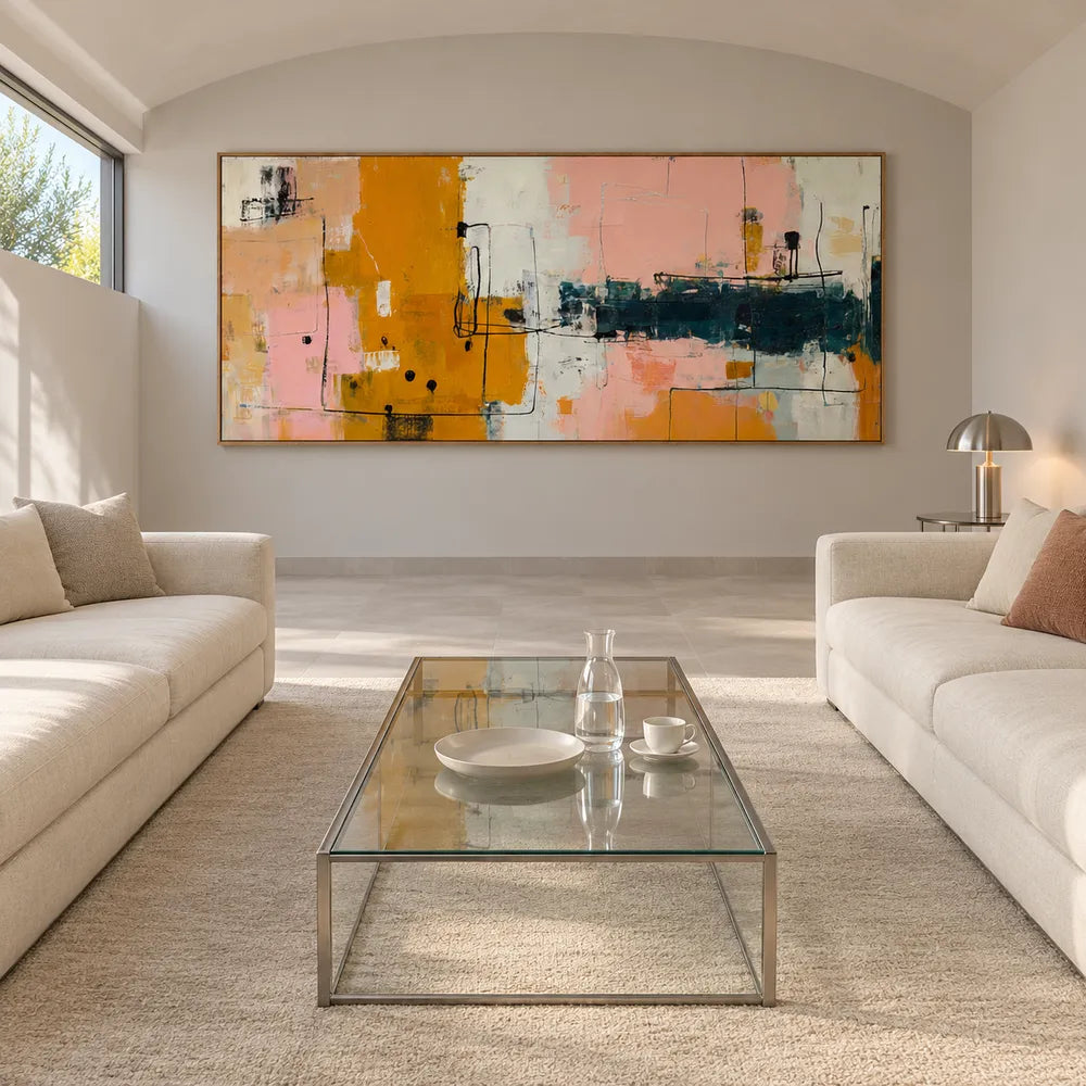 Ochre and Blush Hand-Painted Oil Painting, Linear Color Block Abstract #XNGHPZZP