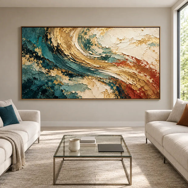 Teal and Ochre Hand-Painted Oil Painting, Sweeping Abstract Color Bands #VERH37SP