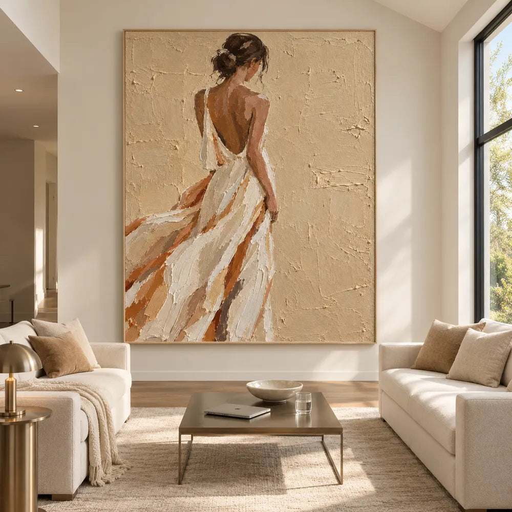 Beige and Cream Hand-Painted Oil Painting, Woman in a Flowing White Dress #5PM5BZHA