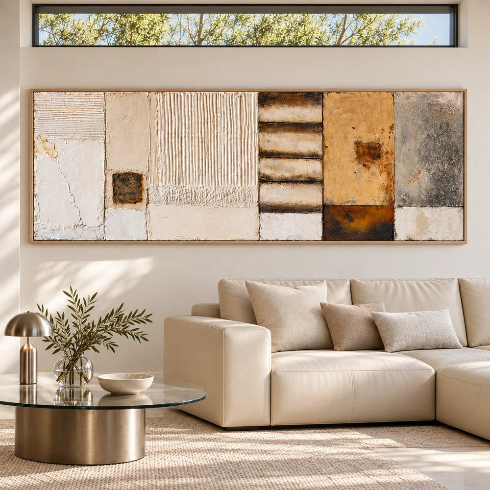 Cream Ochre Hand-Painted 3D Textured Oil Painting, Linear Blocks Wall Art #B57XEPUQ