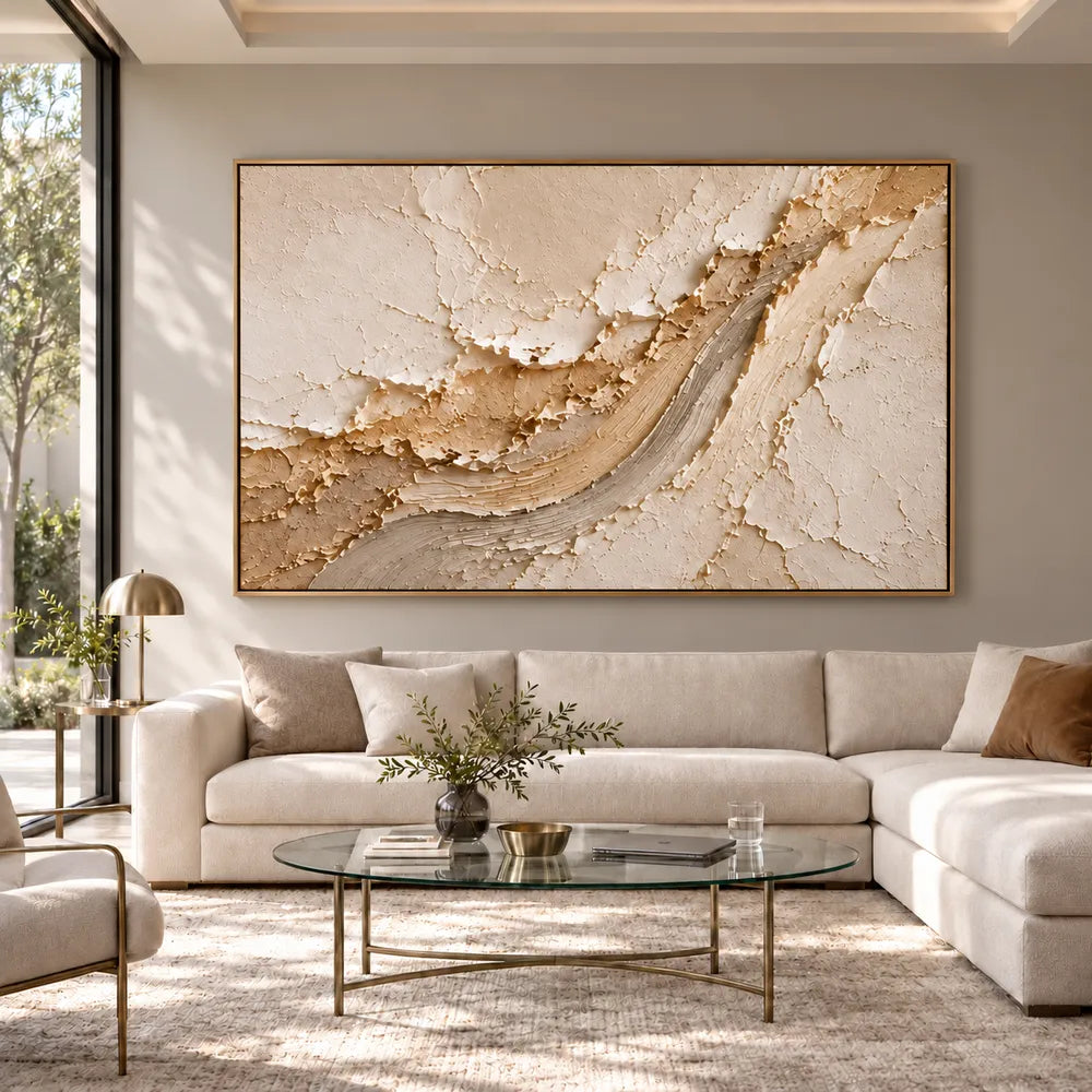 Cream Hand-Painted 3D Textured Oil Painting, Rising Sweep Abstract Wall Art #TYCH8KFY