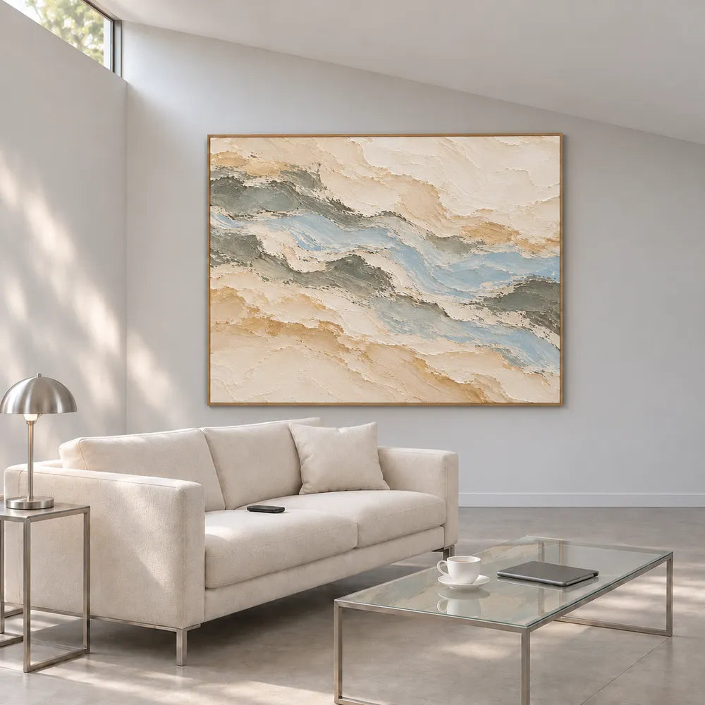 Beige Hand-Painted Oil Painting, Pale Layered Abstract with Blue Gray #3M9L7HZQ