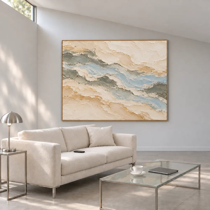 Beige Hand-Painted Oil Painting, Pale Layered Abstract with Blue Gray #3M9L7HZQ