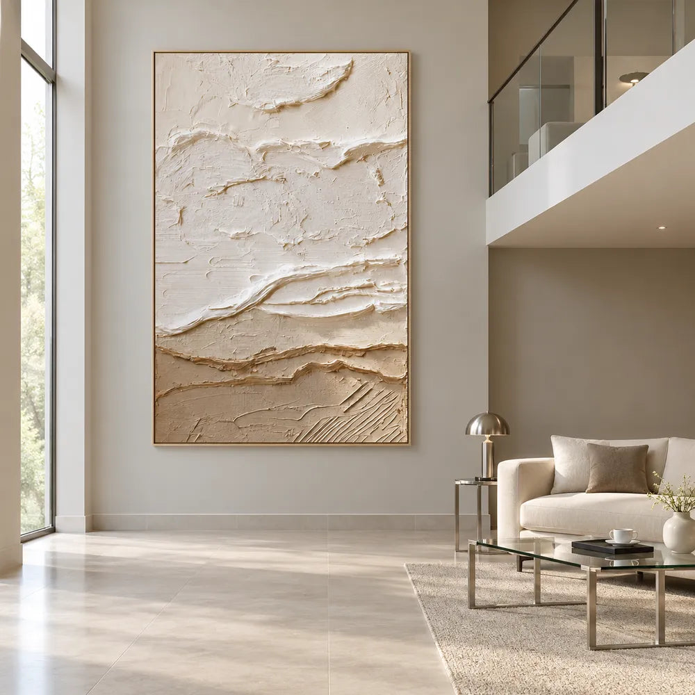 Ivory and Sand Hand-Painted 3D Textured Oil Painting, Horizontal Band Abstract #UP0DLY3U